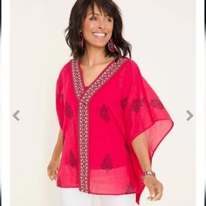 Chico's Mirror Trim Printed Poncho in Maraschino Cherry 100% Cotton Size M